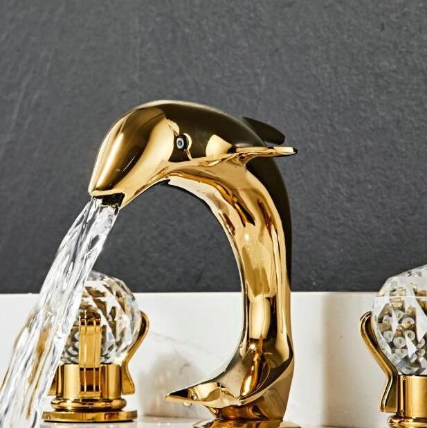 Luxury 3pcs Brass Golden Dolphin Bathroom Sink Faucets 3 Hole 2 Handle Wash Hand Basin Tap