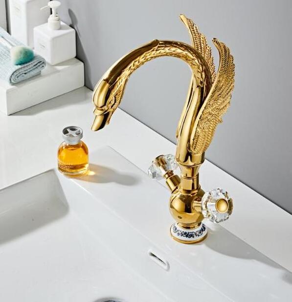 Luxury Gold Animal Swan Shape Hot Cold Wash Basin Mixer Tap Luxury Double Handles Brass Swan Lavatory Faucets