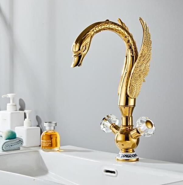 Luxury Gold Animal Swan Shape Hot Cold Wash Basin Mixer Tap Luxury Double Handles Brass Swan Lavatory Faucets