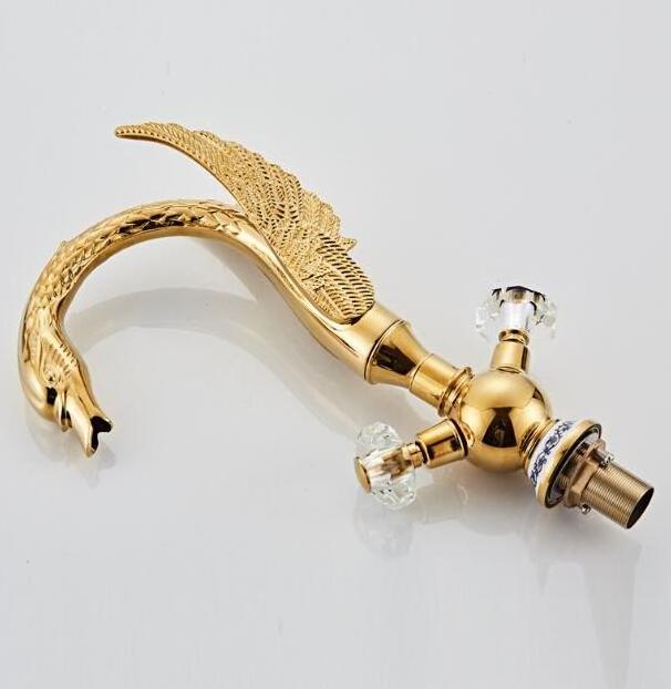 Luxury Gold Animal Swan Shape Hot Cold Wash Basin Mixer Tap Luxury Double Handles Brass Swan Lavatory Faucets