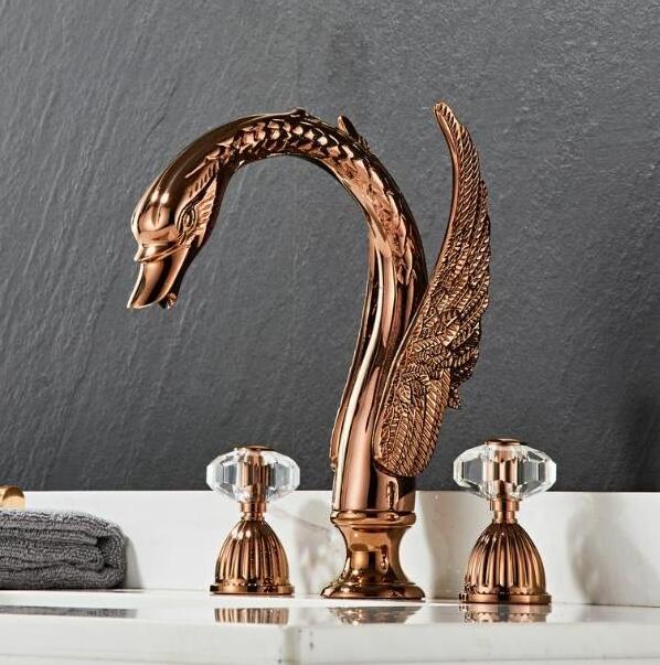 Luxury Rose Gold Swan Shape Bathroom Faucet Crystal Handles Three Holes Deck Mount Basin Sink Faucet