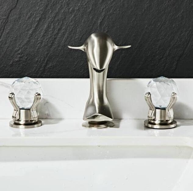 Hot Selling Dolphin Shape 2 Crystal Handles 3 Hole Vanity Basin Mixer Tap Bathroom Faucet