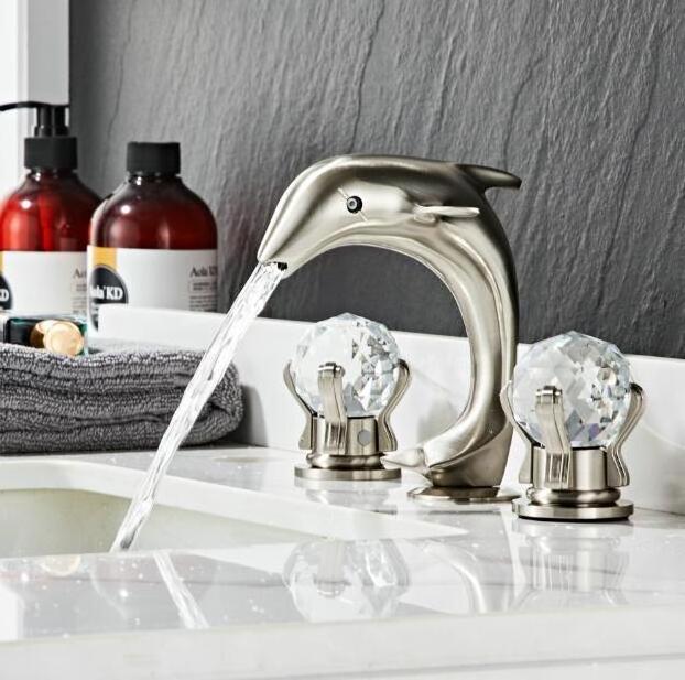 Hot Selling Dolphin Shape 2 Crystal Handles 3 Hole Vanity Basin Mixer Tap Bathroom Faucet