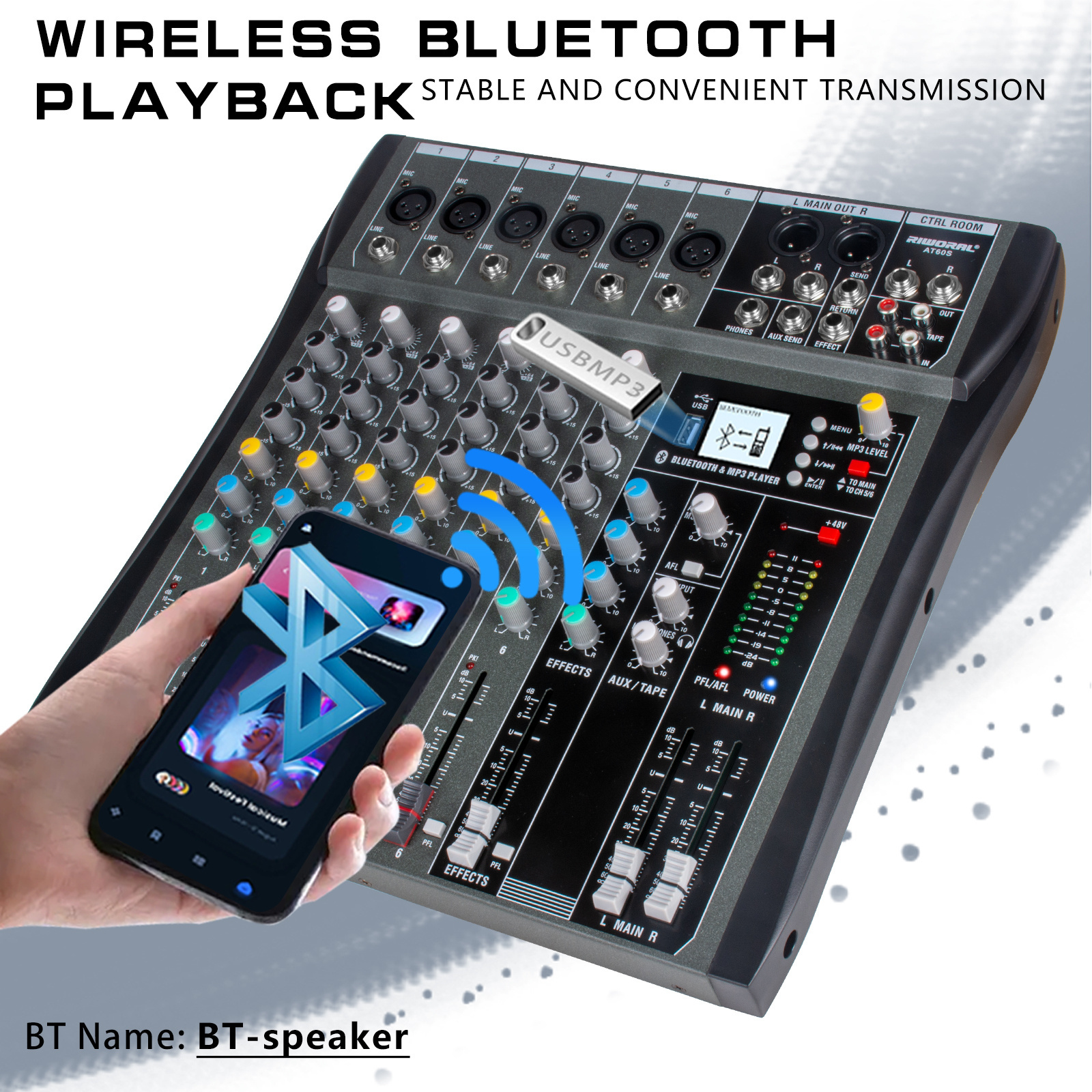 AT120S 12-Channel Wireless Audio Mixer DJ Equipment Console with USB Sound Board for Professional