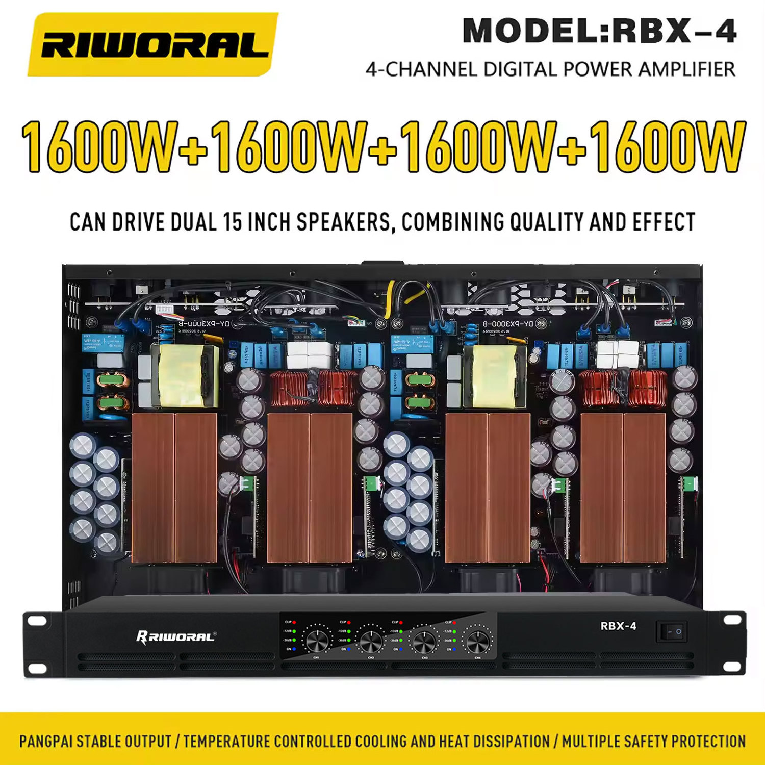 RBX-4 Factory digital 1600W*4 channel audio system 1U amplifier Can push 15-inch speakers Class D power amplifiers