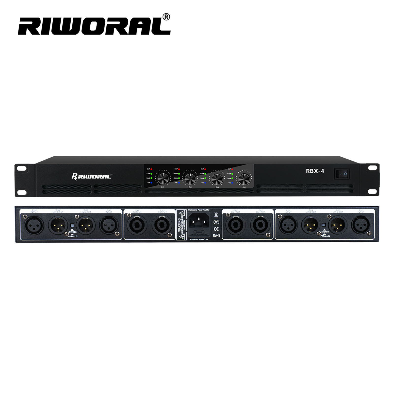 RBX-4 Factory digital 1600W*4 channel audio system 1U amplifier Can push 15-inch speakers Class D power amplifiers