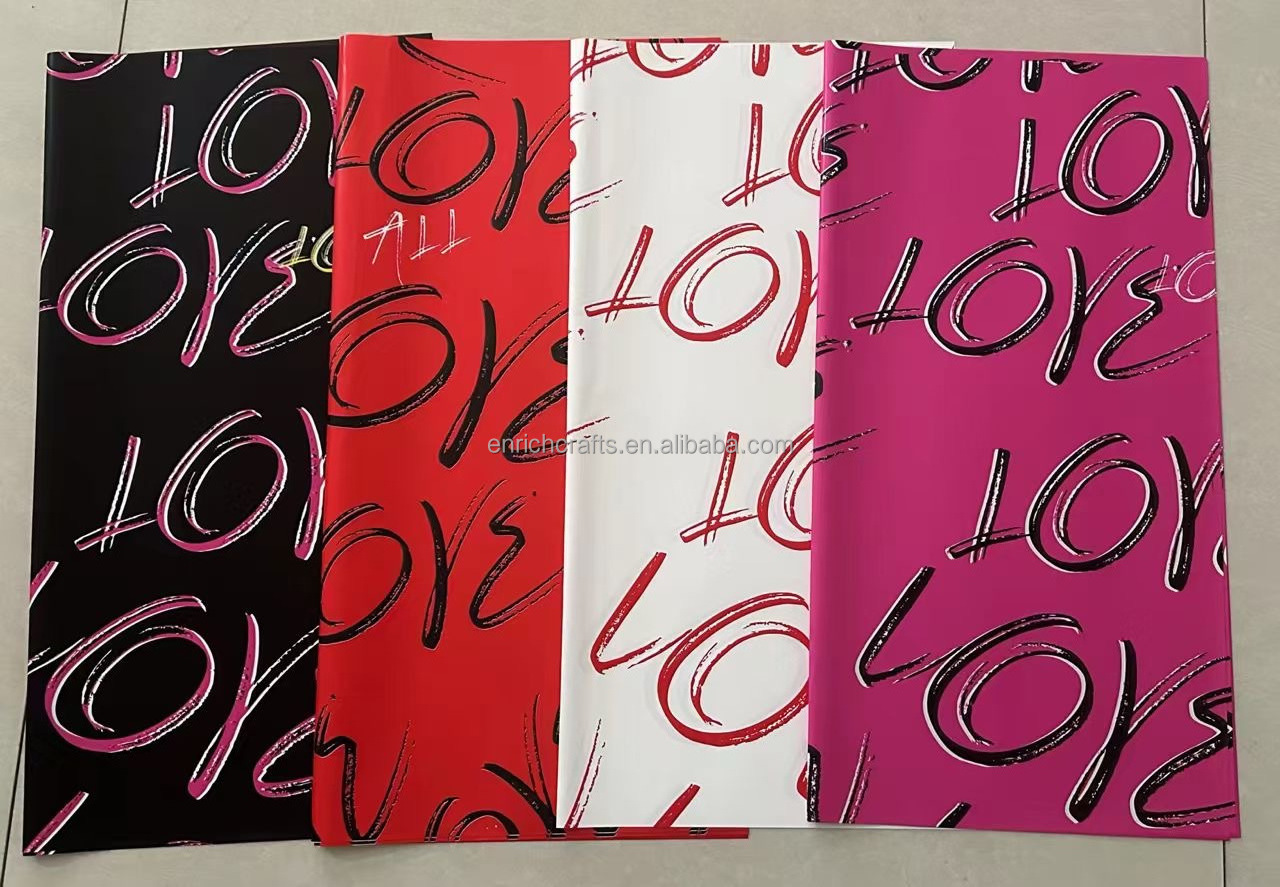 Enriching Romantic hot pink color Love English plastic waterproof new arrival flower wrapping paper packing material supplier