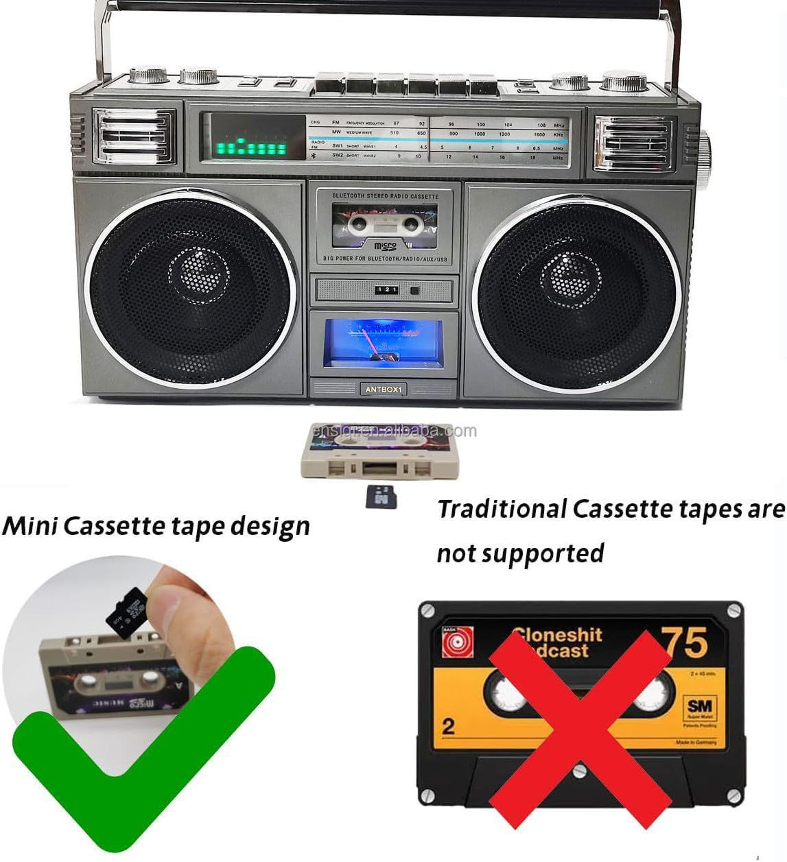 Retro Bluetooth Boombox,5.1 Bluetooth Player,Classic 80s Style Retro Recorder,Supports USB/TF card/AUX, AM/FM Radio