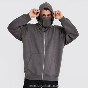 Custom men Kangaroo Pouch Pocket black full zip blank plain ninja hoodie with face covering