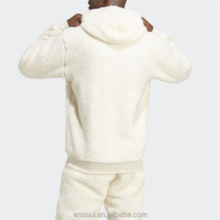 Winter Customizable Kangaroo Pocket Beige Wool Fluffy Hoodie Sherpa Fleece Street Wear Fashion Custom Men Blank Fuzzy Hoodies