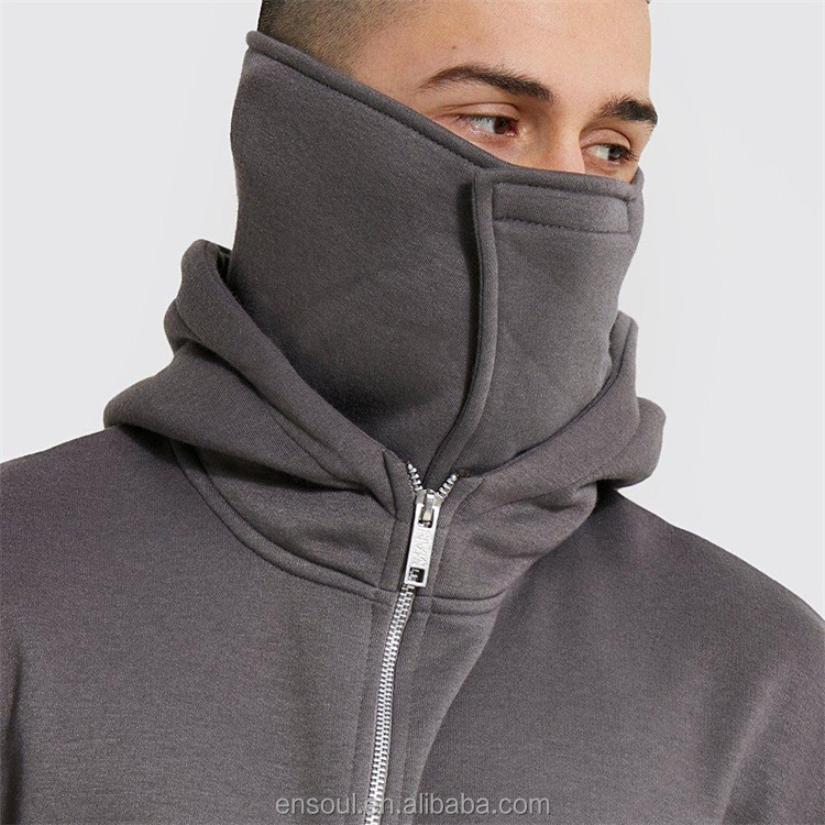 Custom men Kangaroo Pouch Pocket black full zip blank plain ninja hoodie with face covering