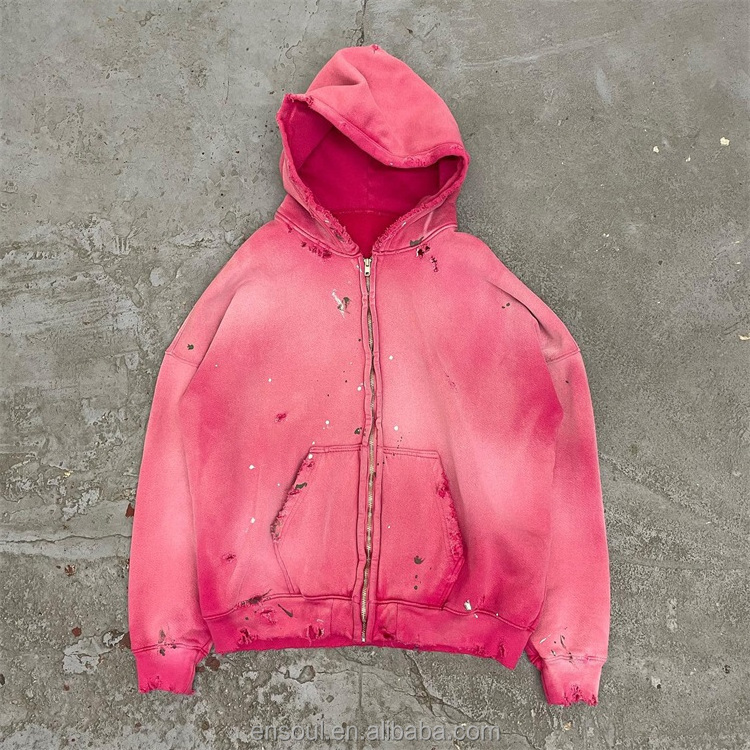 Custom Zipper Hoodie Jacket Pink Cotton French Terry Sweatshirts Blank Full Zip Up Vintage Acid Wash Distressed Hoodies For Men