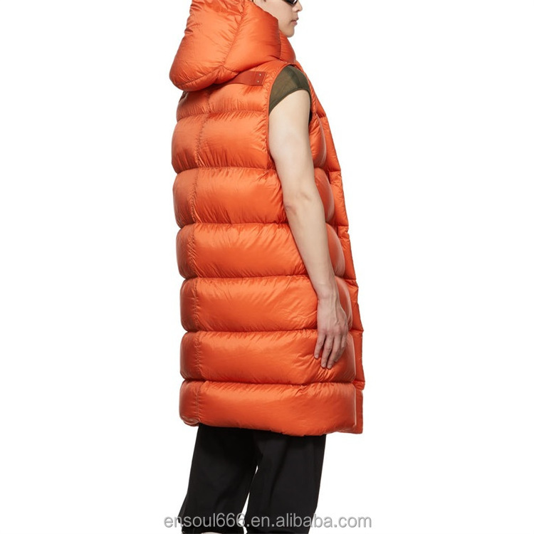 Wholesale Men's Sleeveless Vest Puffer Warm Orange Liner Long Puffer Hooded Vest Down Jacket