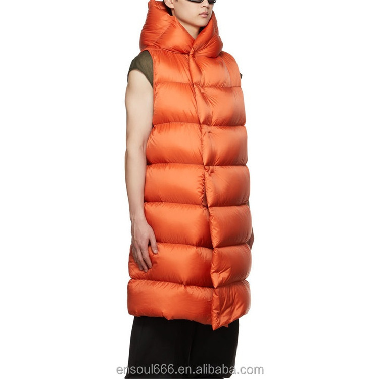 Wholesale Men's Sleeveless Vest Puffer Warm Orange Liner Long Puffer Hooded Vest Down Jacket