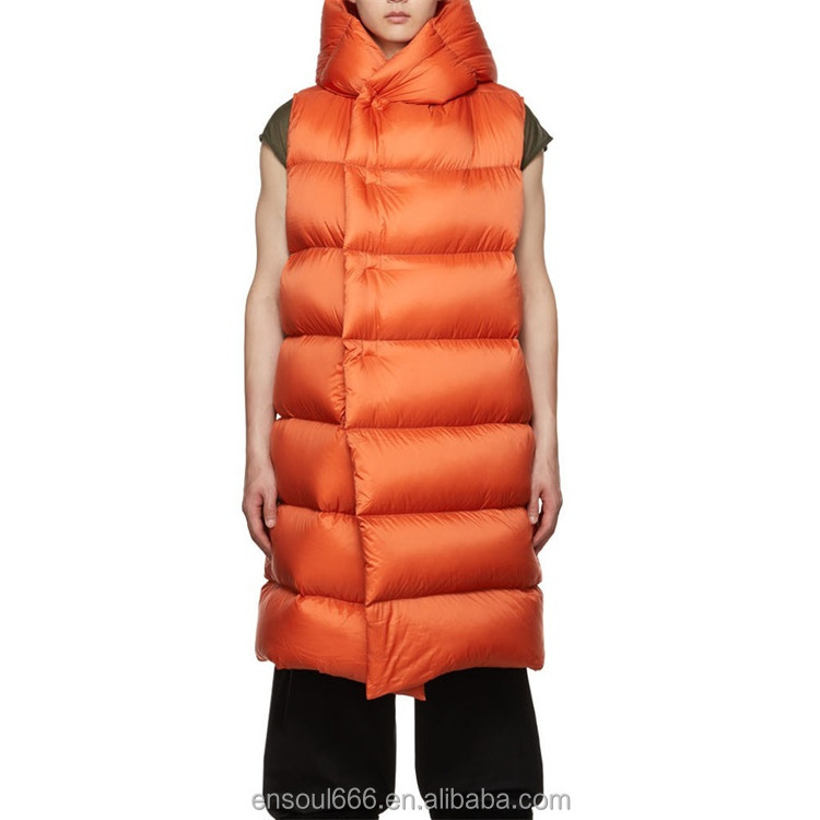 Wholesale Men's Sleeveless Vest Puffer Warm Orange Liner Long Puffer Hooded Vest Down Jacket