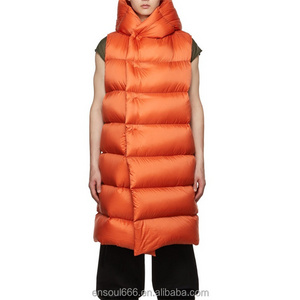 Wholesale Men's Sleeveless Vest Puffer Warm Orange Liner Long Puffer Hooded Vest Down Jacket