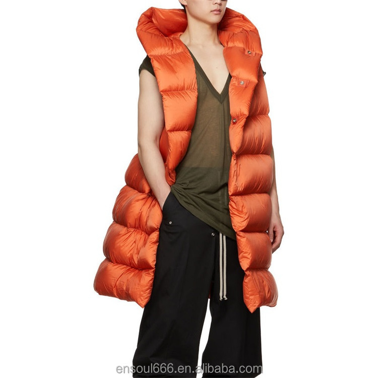 Wholesale Men's Sleeveless Vest Puffer Warm Orange Liner Long Puffer Hooded Vest Down Jacket