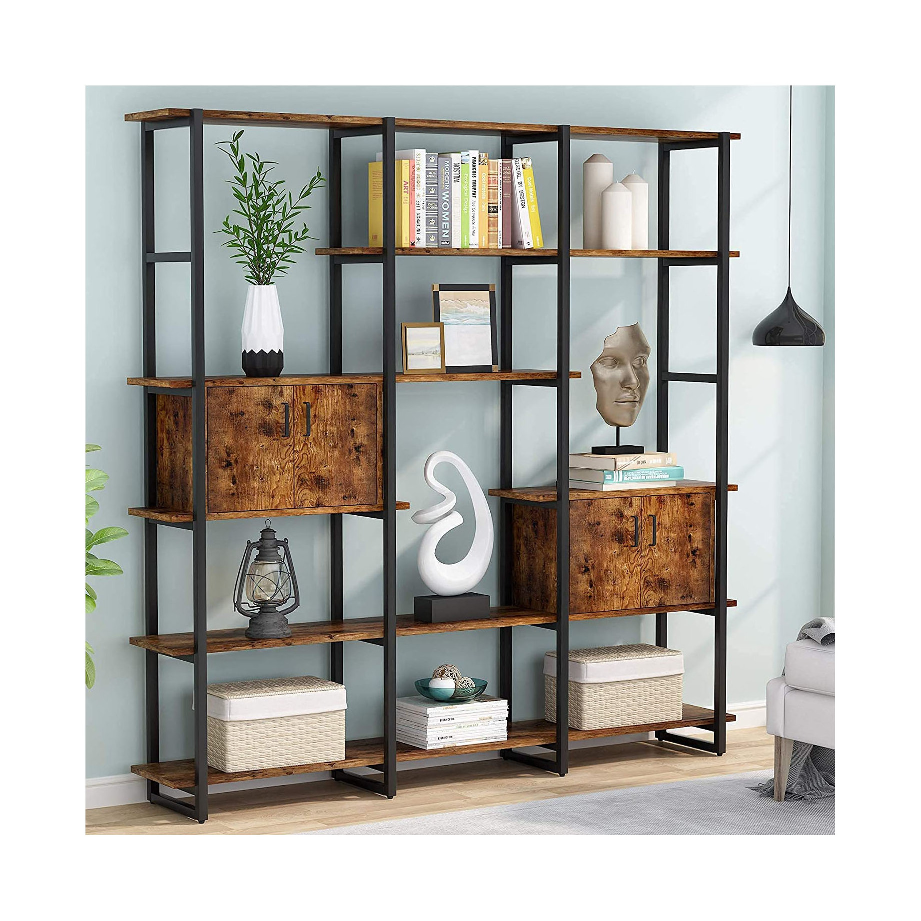 Industrial Wooden Wide Bookcase 5 Tier Bookshelf with 2 Storage Cabinet Modern Large Open Book Shelves