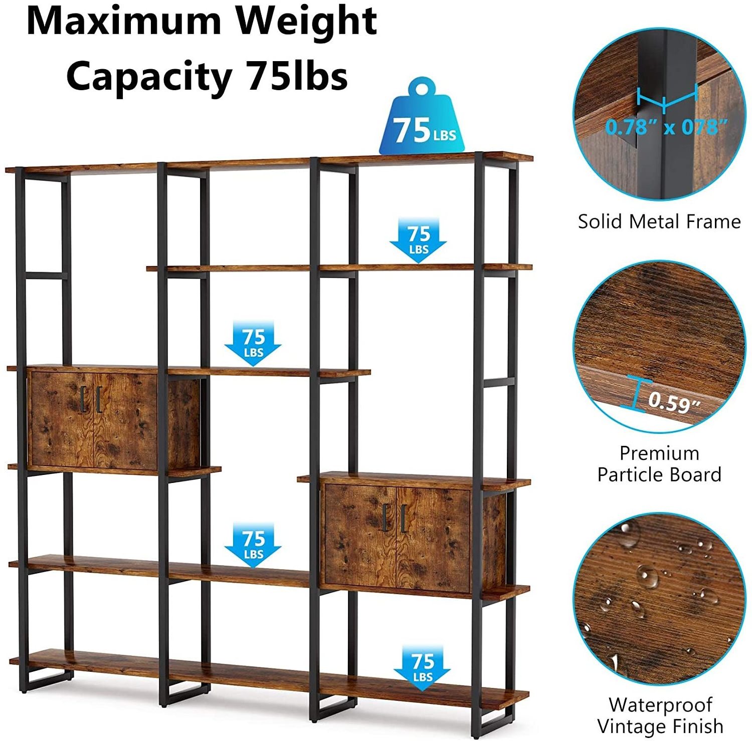 Industrial Wooden Wide Bookcase 5 Tier Bookshelf with 2 Storage Cabinet Modern Large Open Book Shelves