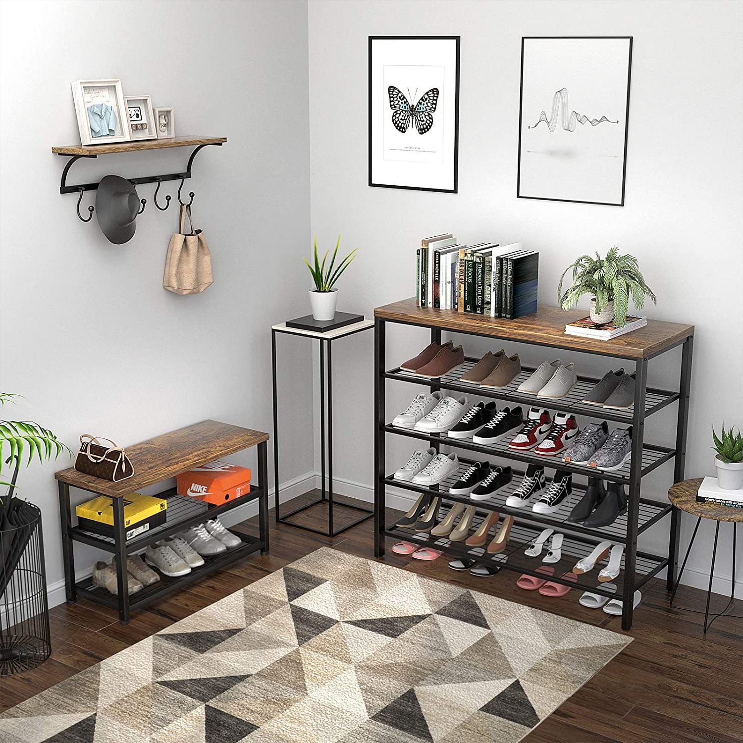 Large 5-tier Metal Shoe Rack Shoes Shelves Organizer Stand With Wood Board, Entryway Table