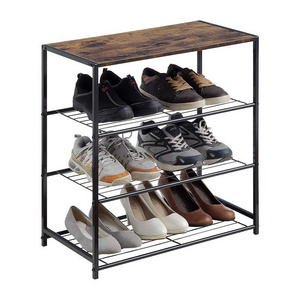 All-Metal 4-Tier Metal Shoe Rack Shoe Storage Shelf with MDF Top Board