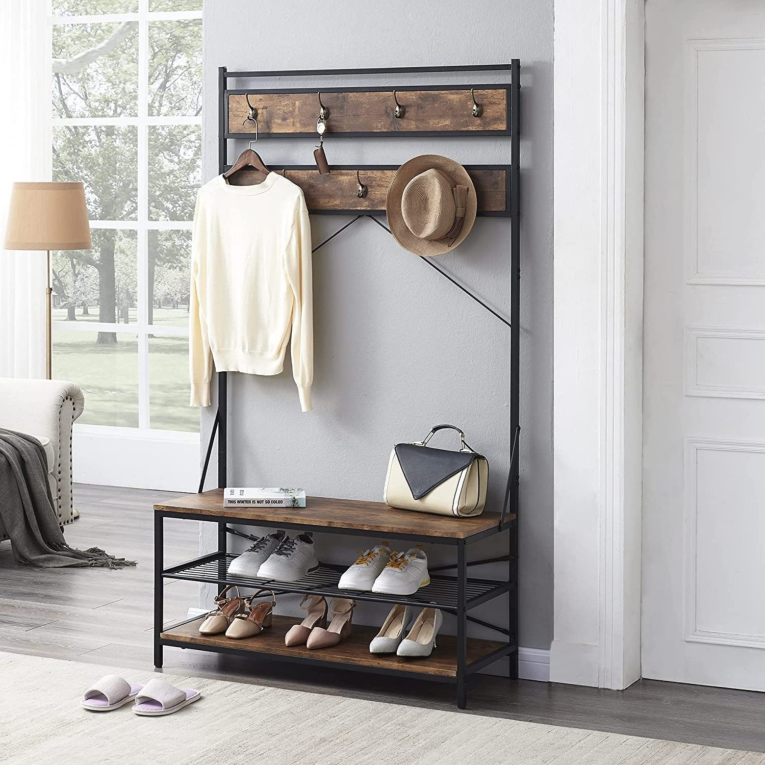 3-in-1 Wood Furniture Entryway Clothing Storage Modern Metal Coat Shoe Rack With 3 Tier Storage Shelves