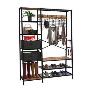 Living Room Bedroom Entryway Coat Rack With Bench, Coat Stand With 5 Side Shelves