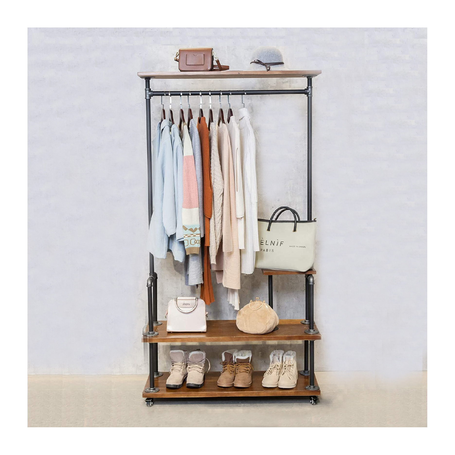 Space-saving  Modern Industrial Clothing Rack Rolling Garment Rack Clothes Rack Hall Tree on Wheels with Shelf and storage