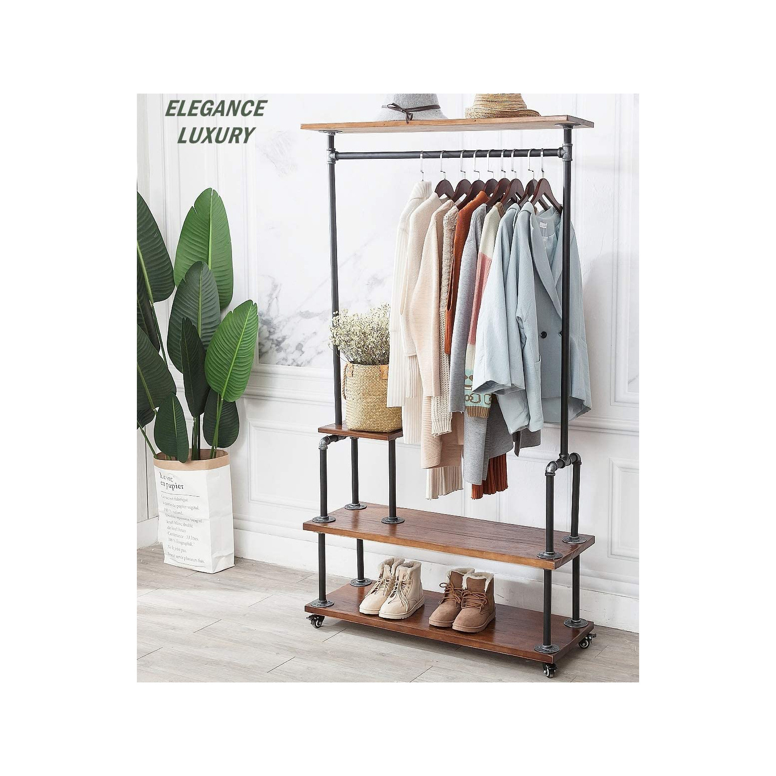 Space-saving  Modern Industrial Clothing Rack Rolling Garment Rack Clothes Rack Hall Tree on Wheels with Shelf and storage