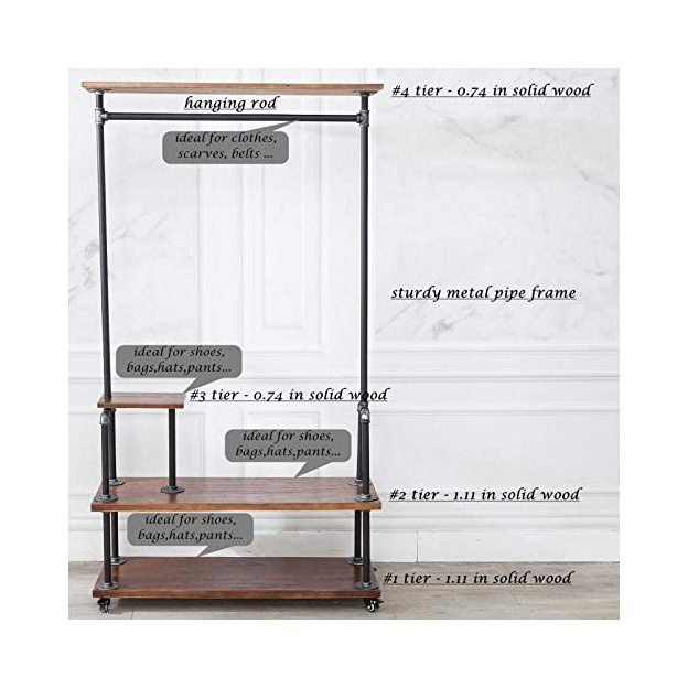 Space-saving  Modern Industrial Clothing Rack Rolling Garment Rack Clothes Rack Hall Tree on Wheels with Shelf and storage