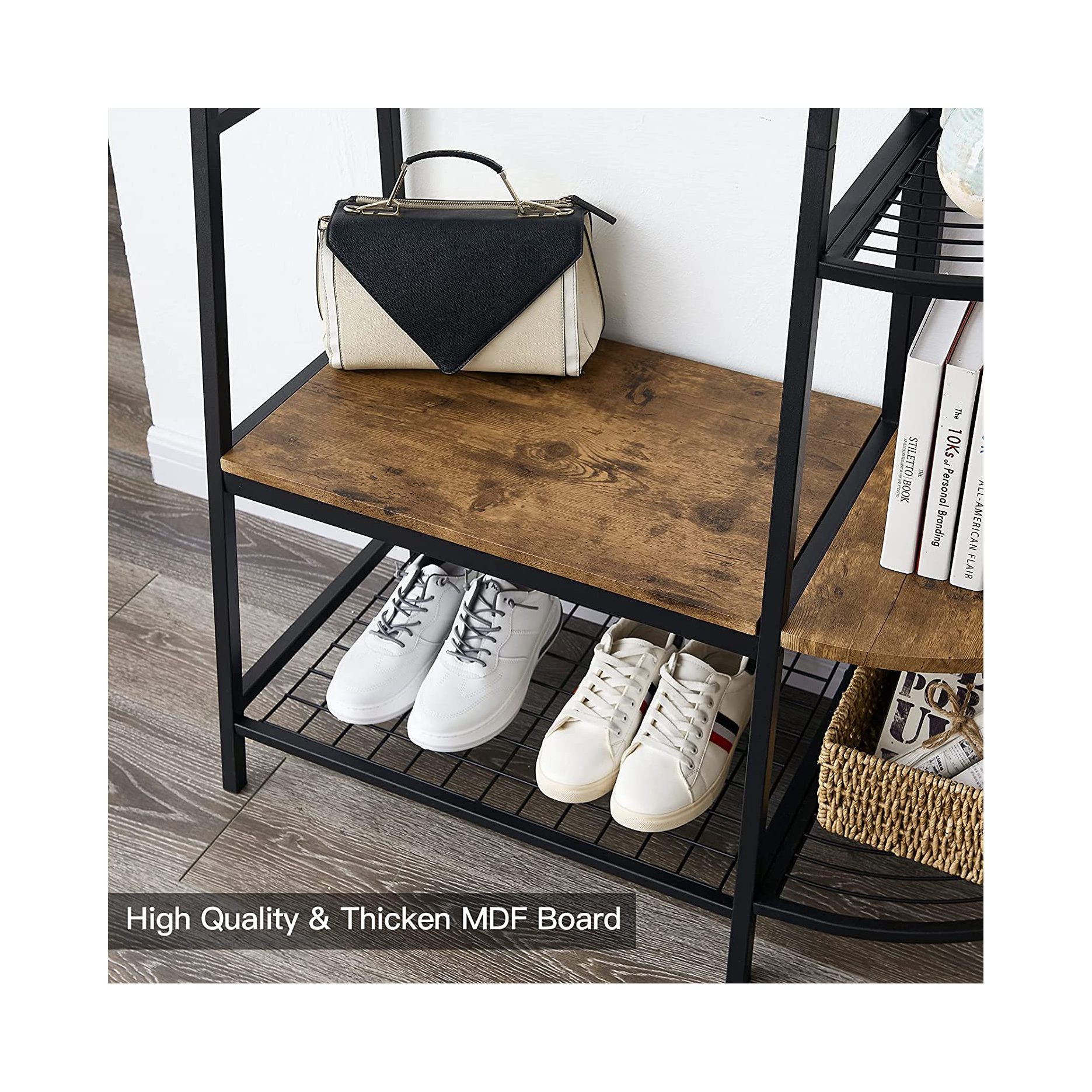 Modern Multi-functional Entryway Coat Rack with Storage Shoes Bench Industrial Hall Tree with 5 Tier Storage Shelf