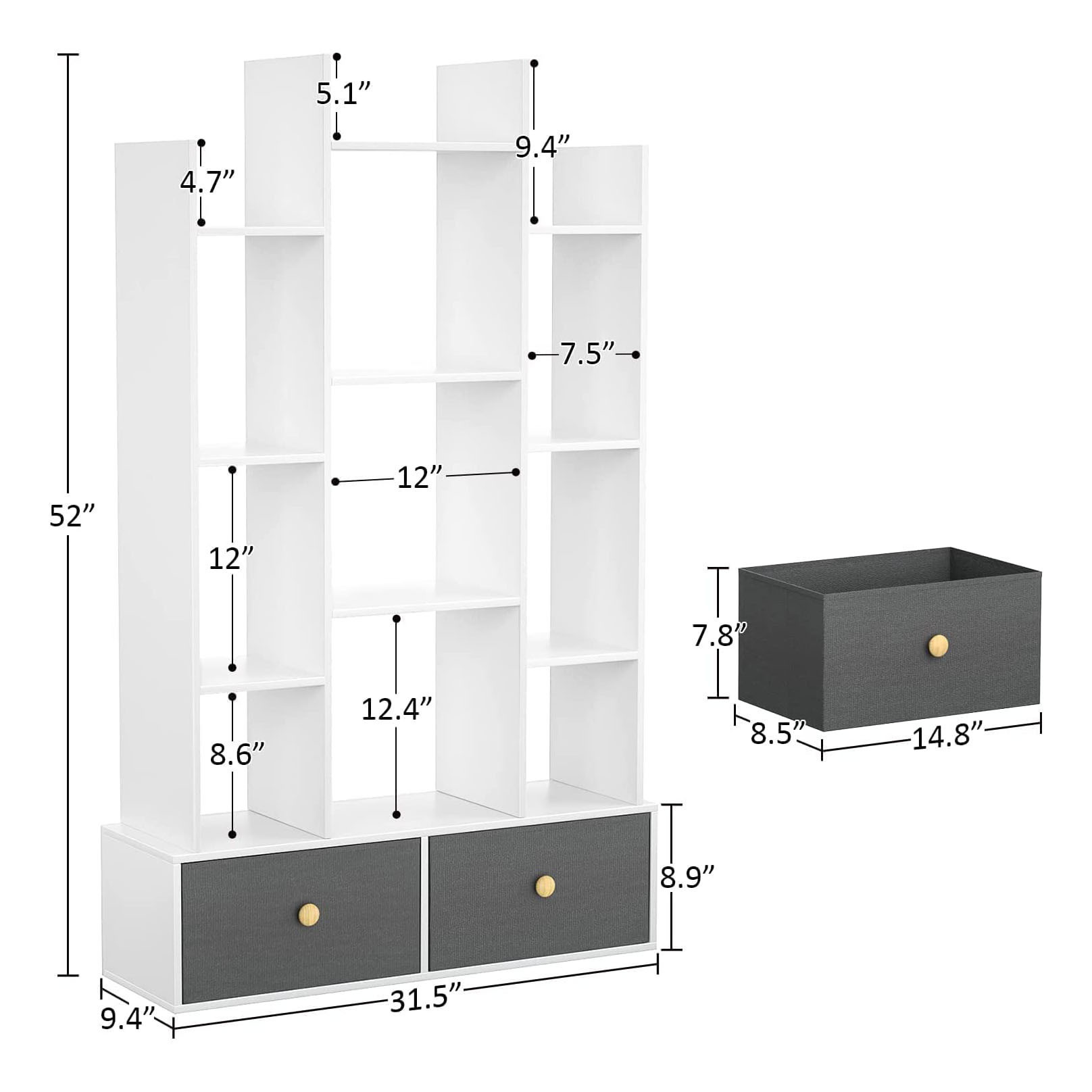 Modern Wooden White Bookshelf with 2 Drawers Free Standing Bookcase Office Storage Shelf with Open Bookshelves