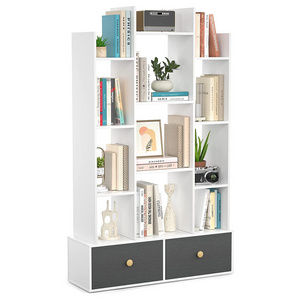 Modern Wooden White Bookshelf with 2 Drawers Free Standing Bookcase Office Storage Shelf with Open Bookshelves