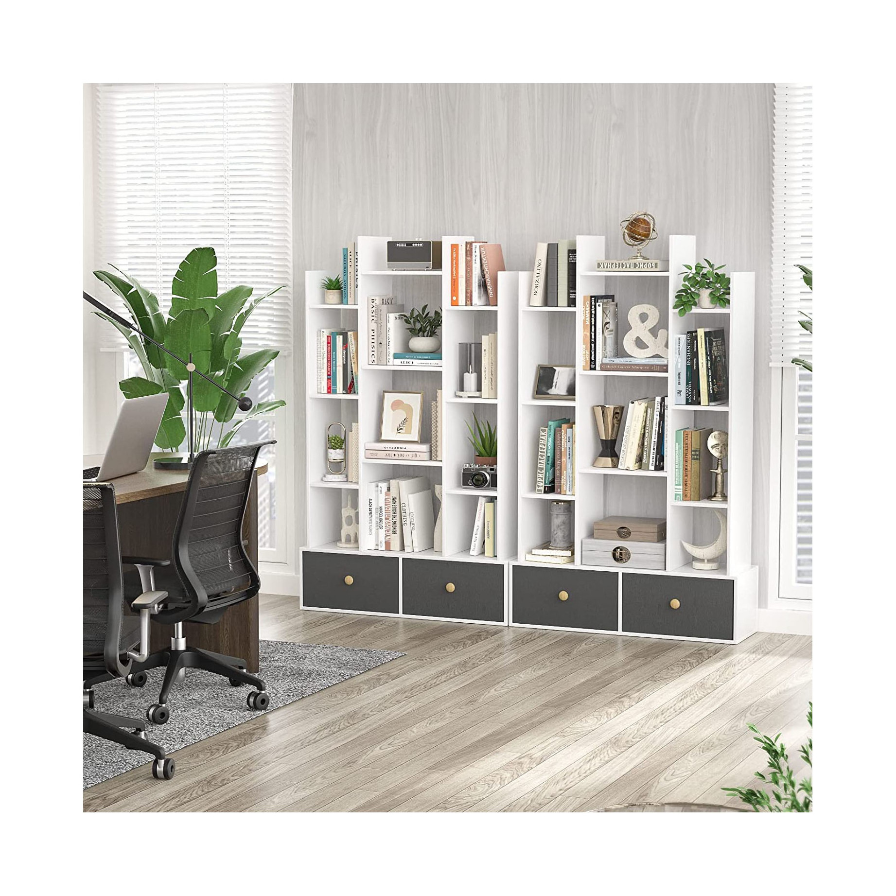 Modern Wooden White Bookshelf with 2 Drawers Free Standing Bookcase Office Storage Shelf with Open Bookshelves