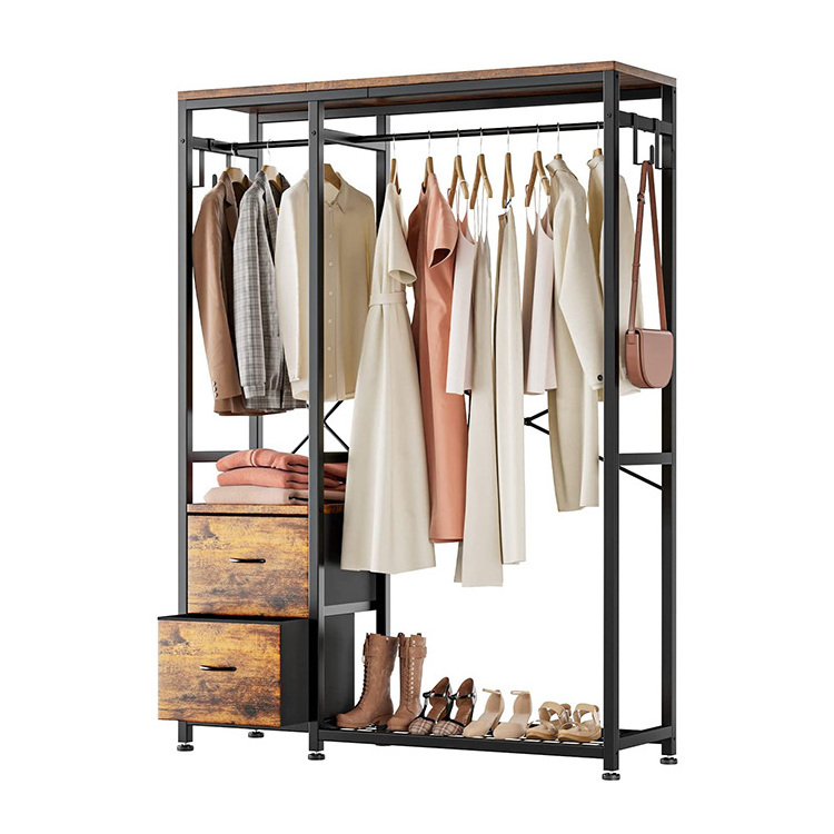 Vekin Furniture Industrial Clothing Racks Wooden and Metal Clothes Coat Rack Freestanding Closet Organizer Rack