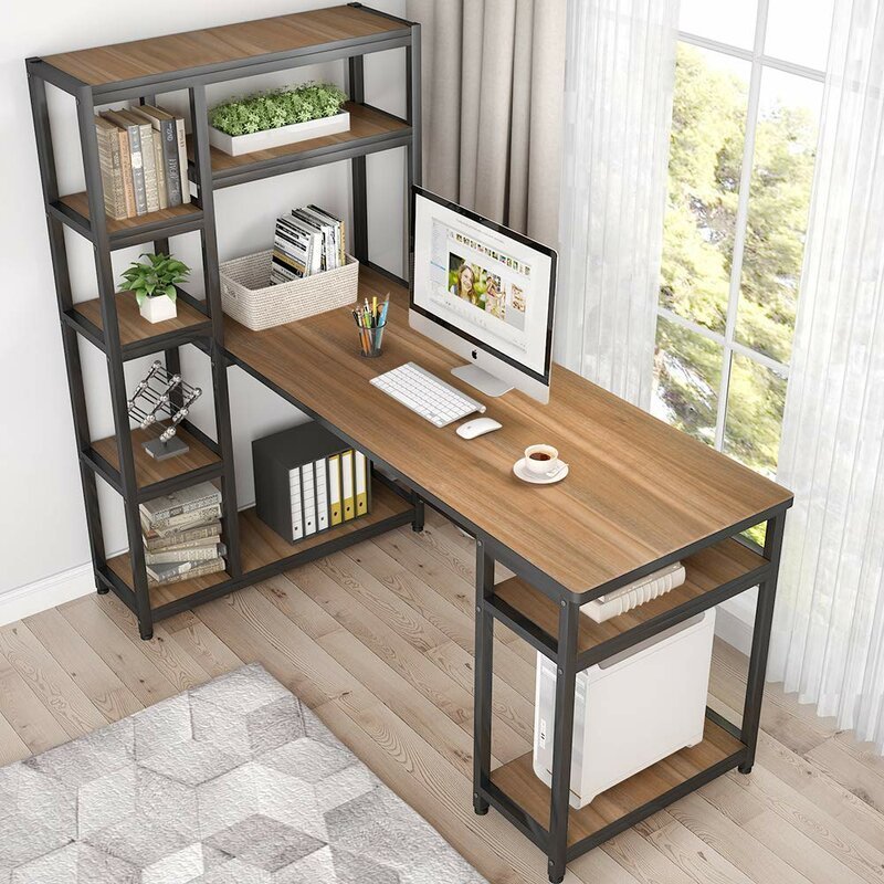 modern computer desk  L Shaped Desk with Storage, Corner Desk with Hutch for Home Office