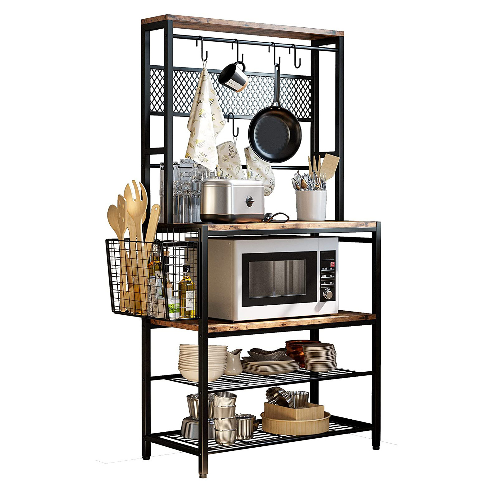 Baker's Rack, 5 Tier Kitchen Island with Hooks Microwave Stand with Mesh Panel Storage, Utility Storage Shelf for Kitchen