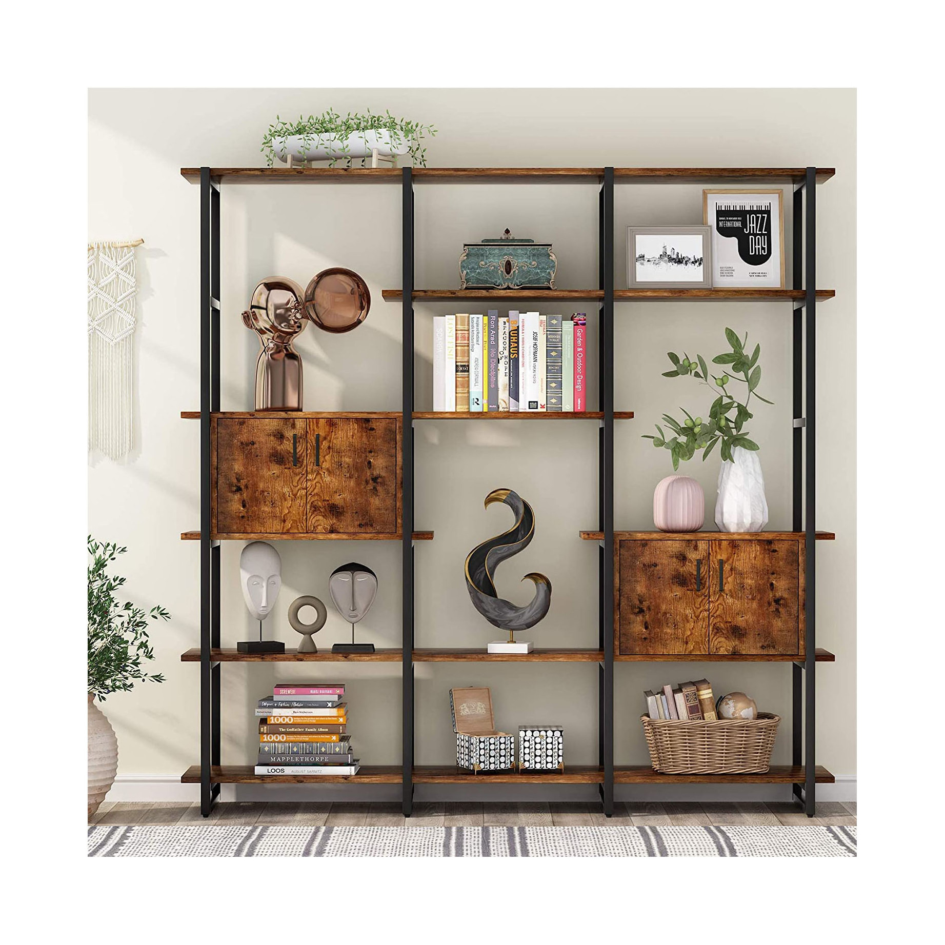 Industrial Wooden Wide Bookcase 5 Tier Bookshelf with 2 Storage Cabinet Modern Large Open Book Shelves