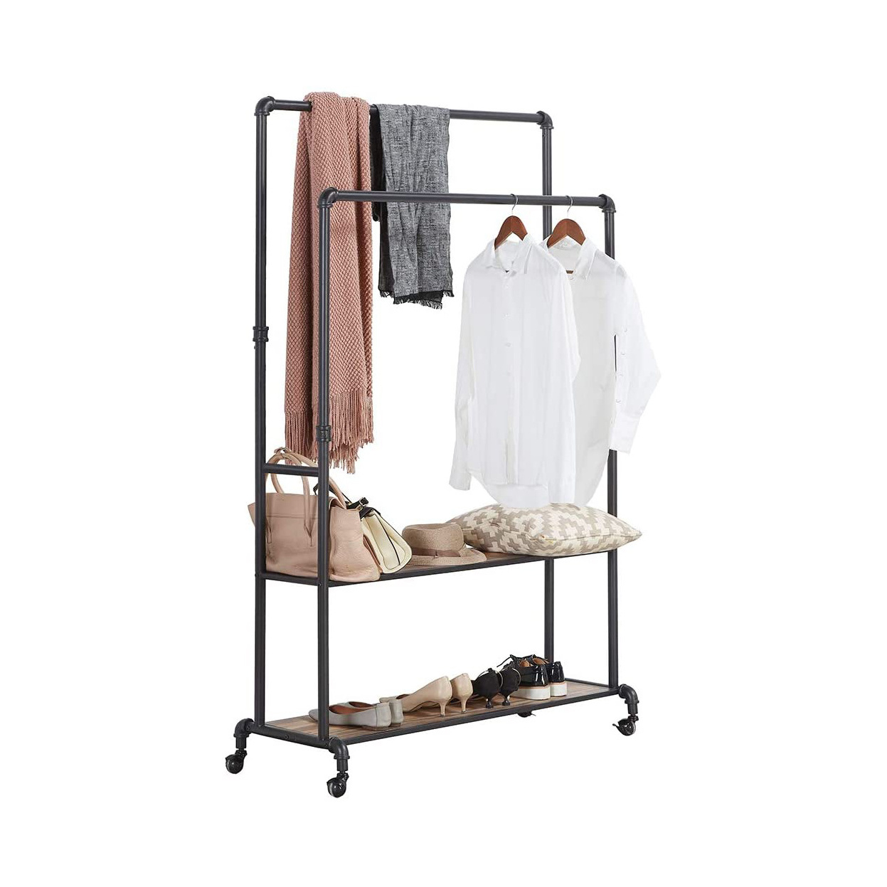 Multipurpose   Industrial Pipe Double Rail Hall Tree with Shoe Storage on Wheel 2 Shelf Rolling Clothes Rack Organizer