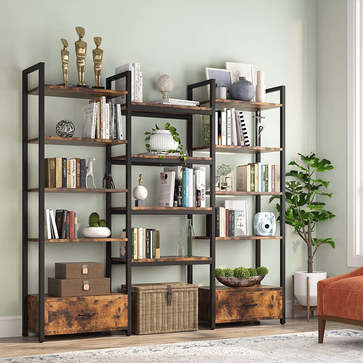 Triple Wide 5-tier Bookshelf Tv Stand Unit Shelves For Living Room Wooden With 2 Drawers Rustic Book Shelf