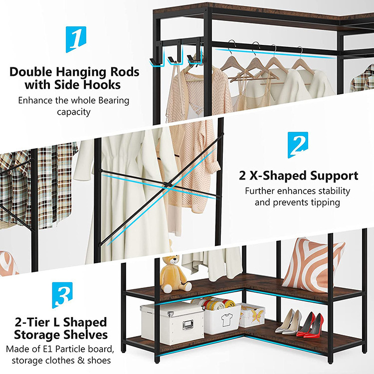 Vekin Furniture L Shaped Wardbrobe Rack Heavy Duty Clothing Rack Corner Closet Organizer Double Rod Clothes Rack