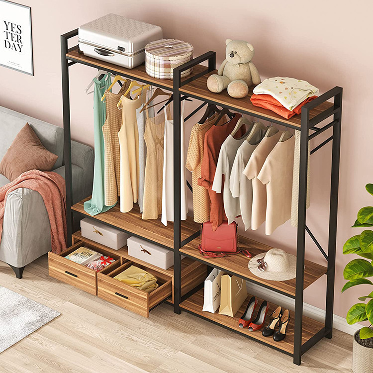 Vekin Bedroom Large Clothes Organization Storage Rack Double Hanging Rod Clothes Garment Racks with Drawers