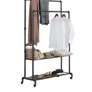 Vintage Brown Wardrobe Clothes Rack Organizer with 2 Hanging Rod for Garment Closet Storage Display