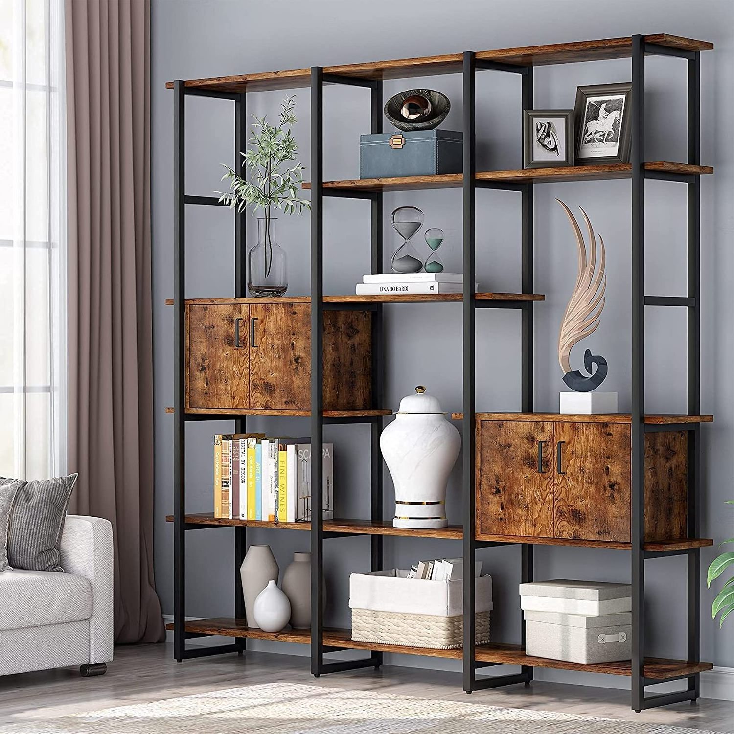 Industrial Wooden Wide Bookcase 5 Tier Bookshelf with 2 Storage Cabinet Modern Large Open Book Shelves