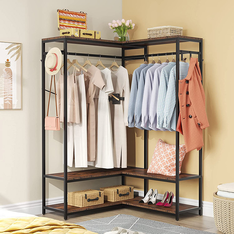 Vekin Furniture L Shaped Wardbrobe Rack Heavy Duty Clothing Rack Corner Closet Organizer Double Rod Clothes Rack