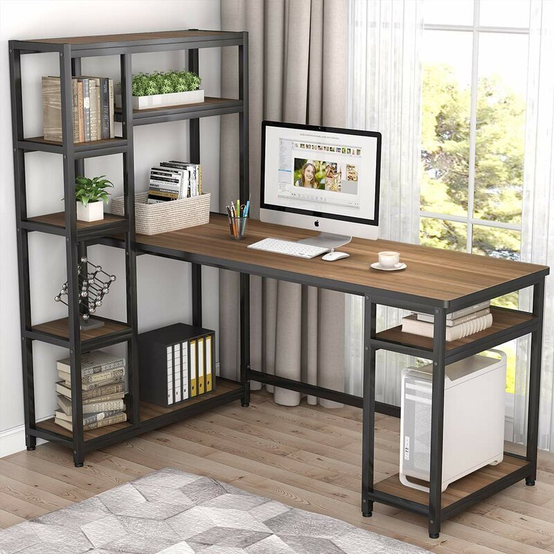 modern computer desk  L Shaped Desk with Storage, Corner Desk with Hutch for Home Office