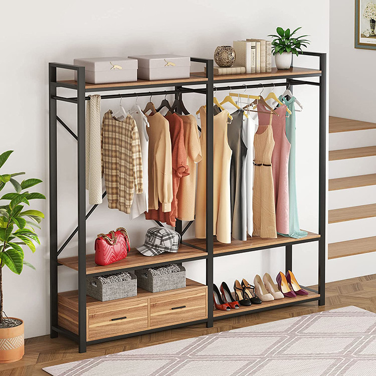 Vekin Bedroom Large Clothes Organization Storage Rack Double Hanging Rod Clothes Garment Racks with Drawers