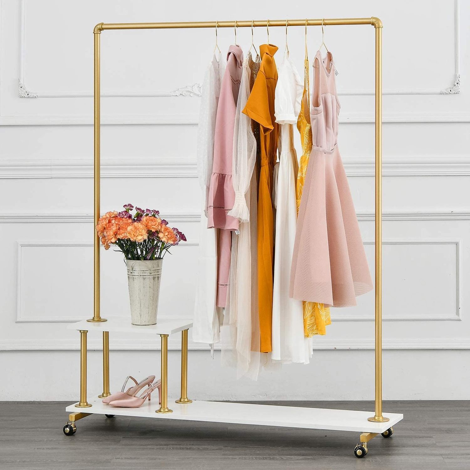 Metal Rolling Clothing Rack With Wheels Industrial Pipe Clothes Rack Display Heavy Duty Modern Garment Rack For Laundry Room