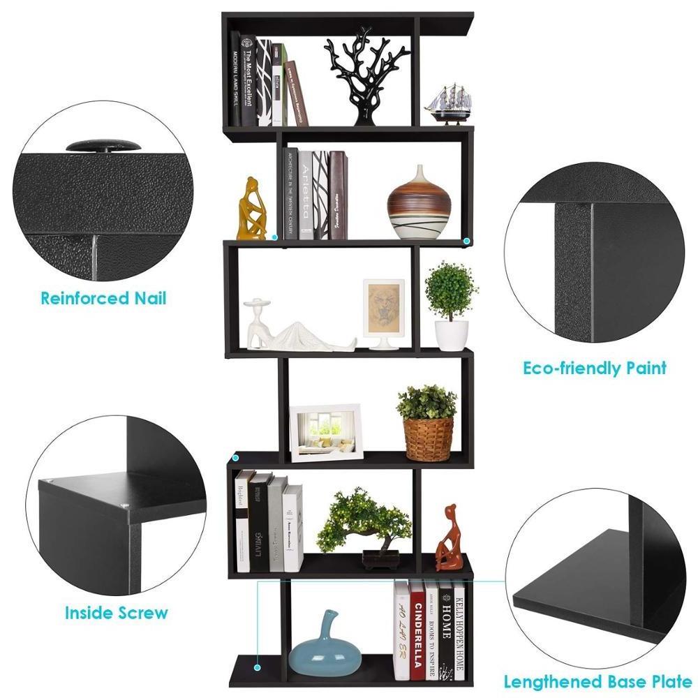 Cheap Modern Display Shelf Black 6-tier Bookcase S Shaped Display Storage Shelves Corner Bookshelf