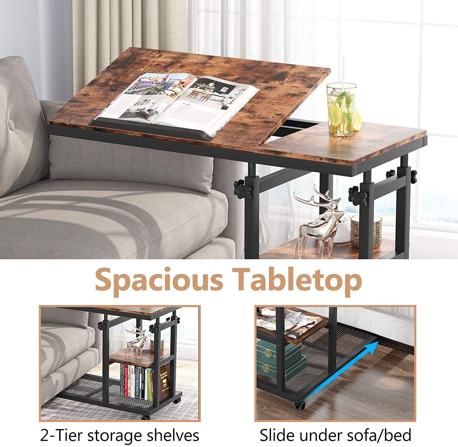 Height Adjustable C Table with Wheels, Mobile Couch Snack Side Table with Tiltable Drawing Board, Sofa Bedside Laptop Stand